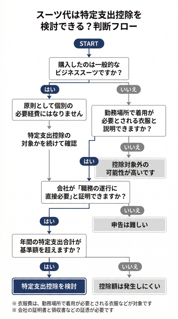 サラリーマンのスーツ代が特定支出控除の対象候補かを確認する判断フロー図