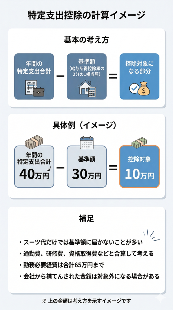 特定支出控除の計算方法を示した図。年間特定支出から基準額を差し引き、超えた部分が控除対象になる