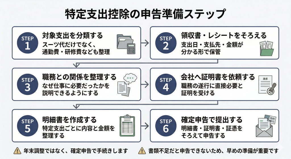 特定支出控除の申告準備を6ステップで示した手順図