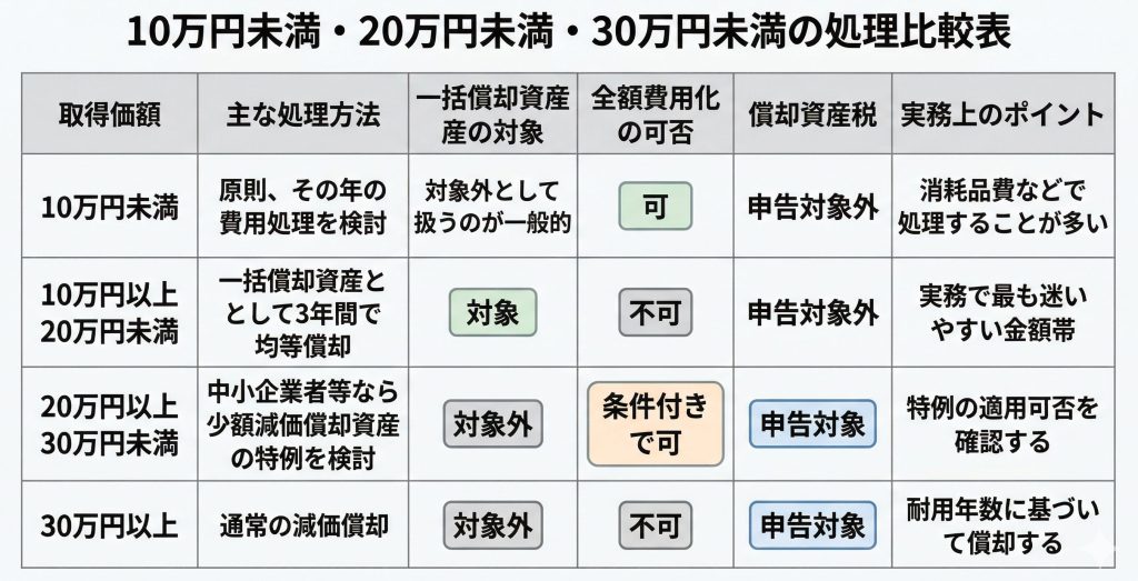 10万円未満から30万円以上までの処理方法を比較した表