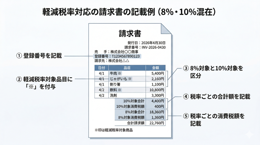 軽減税率対応の請求書の記載例 8パーセントと10パーセントが混在する場合の書き方
