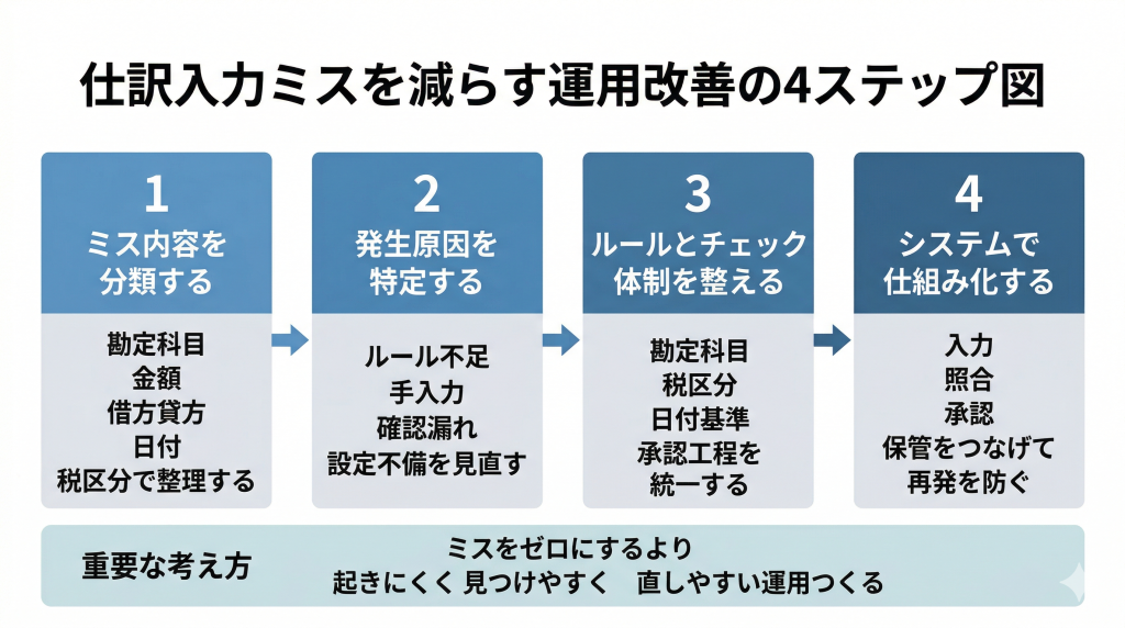 仕訳入力ミスを減らす運用改善の4ステップ図