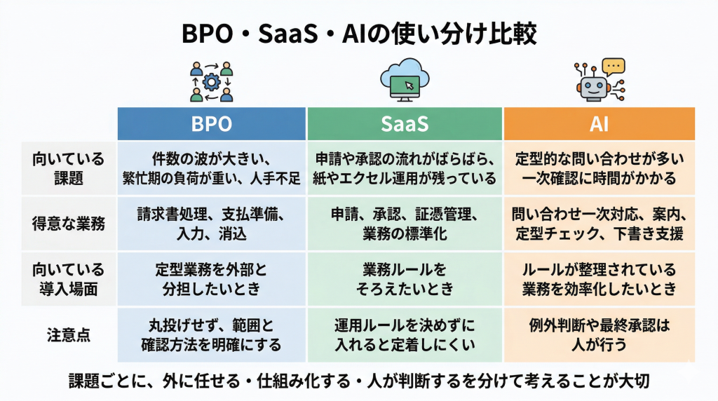 BPO・SaaS・AIの使い分け比較図