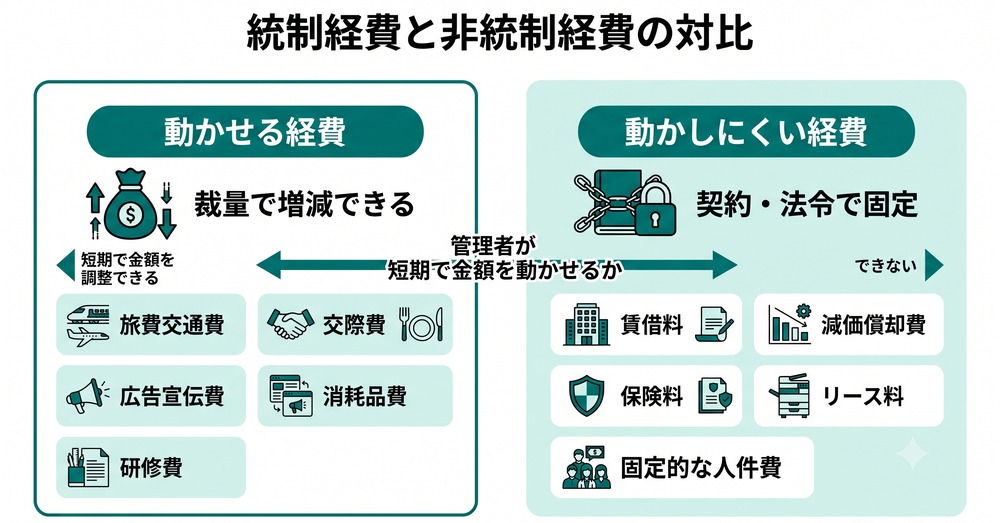 統制経費と非統制経費を管理者が短期で金額を調整できるかで対比した図