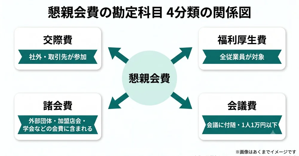 懇親会費の勘定科目4分類(交際費・福利厚生費・会議費・諸会費)の関係図
