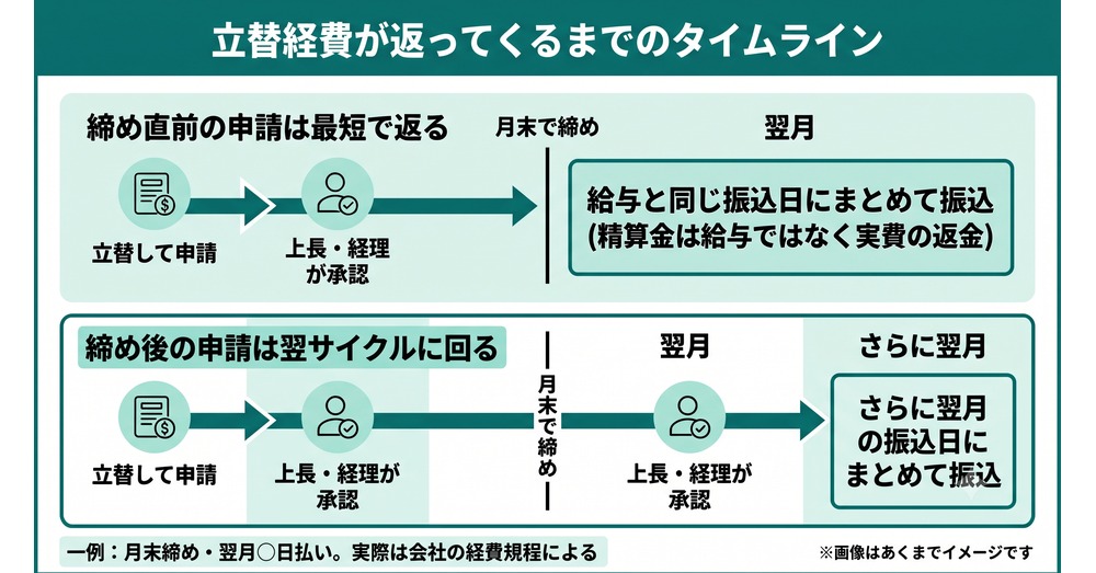 立替経費が申請から翌月の振込まで返ってくるタイムライン図