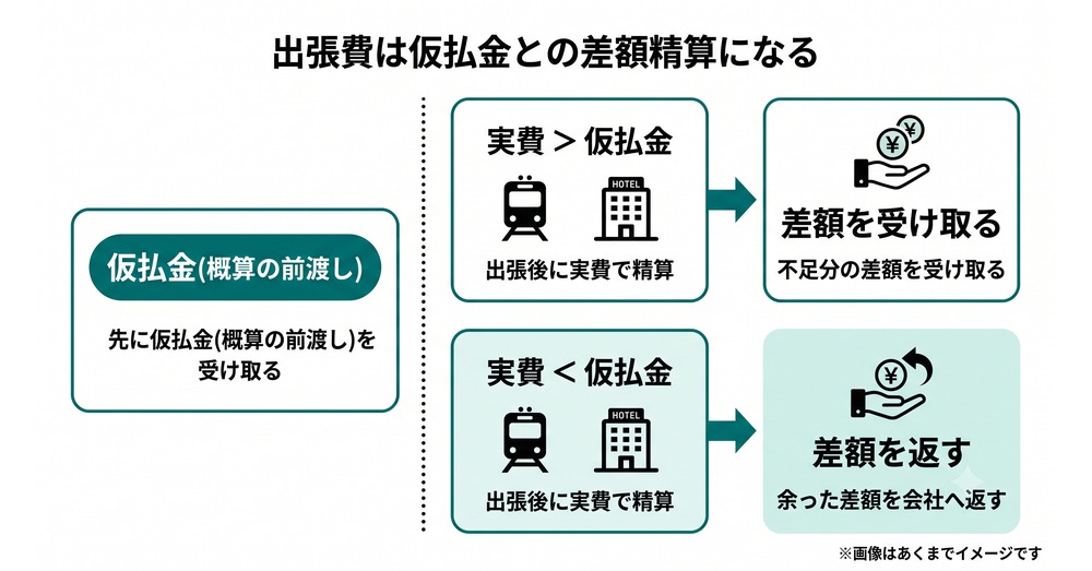 出張費は仮払金との差額精算になることを示す図