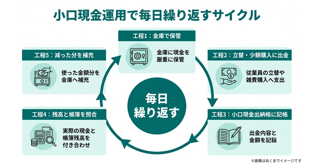 小口現金の運用で保管・出金・記帳・照合・補充が毎日循環することを示したサイクル図