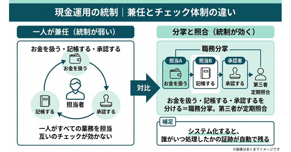 一人が兼任する体制と、お金を扱う・記帳する・承認するを分ける職務分掌の体制を比較した対比図
