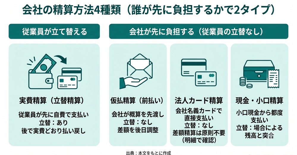 会社の精算方法4種類(実費精算・仮払精算・法人カード精算・現金小口精算)の関係図
