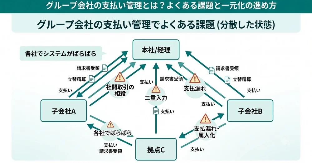 グループ会社で請求書受領・立替精算・支払いが各社に分散し、社間取引の相殺や二重入力、支払漏れが起きている状態を示した関係図