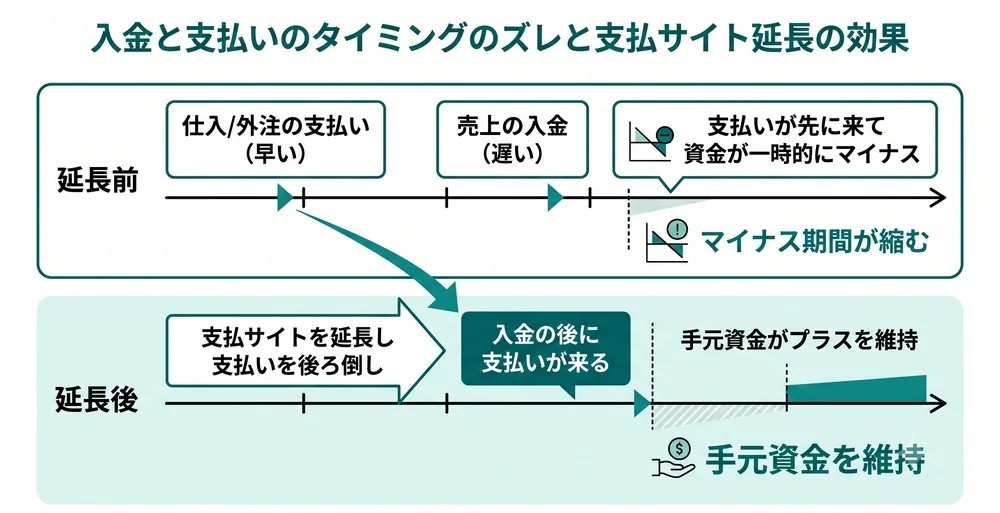 支払サイトを延長すると支払いが入金の後ろにずれ、手元資金のマイナス期間が縮むことを示した対比図
