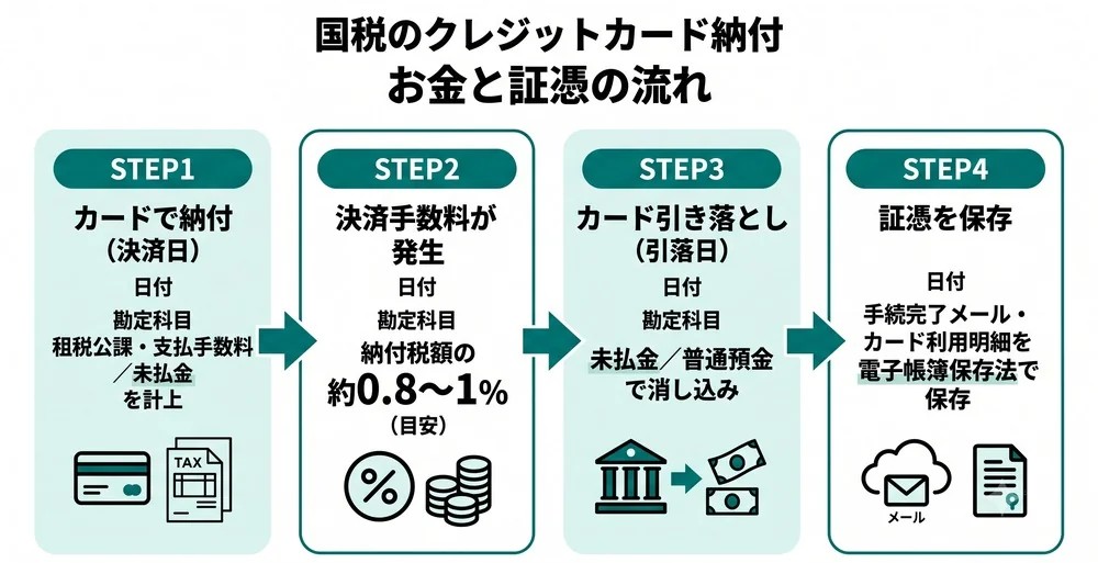 国税のクレジットカード納付で決済日に未払金を計上し引落日に消し込み、手続完了メールと利用明細を電子帳簿保存法で保存するまでの流れ図