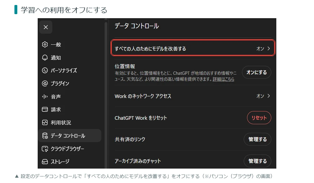 ChatGPTデータコントロールで学習利用をオフにする設定