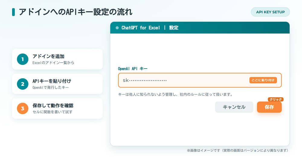 ChatGPT for ExcelアドインへのAPIキー設定の手順と設定画面のイメージ
