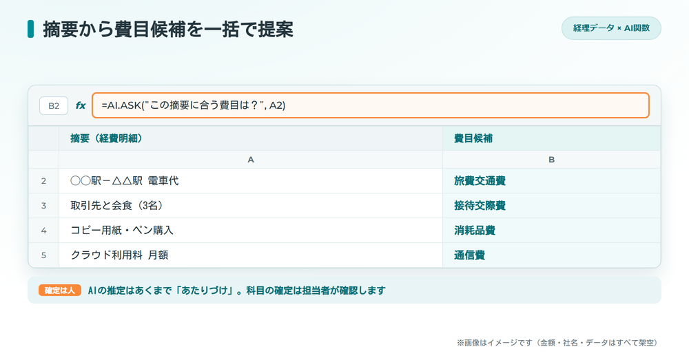 AI関数で経費明細の摘要から費目候補を一括提案するExcel画面のイメージ