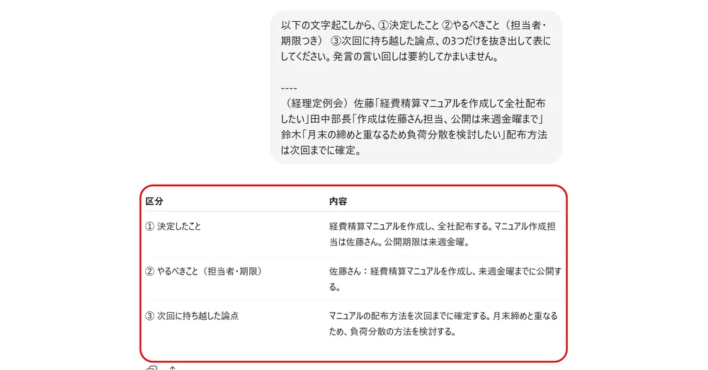 ChatGPTで決定事項とToDoを抜き出して表にした画面