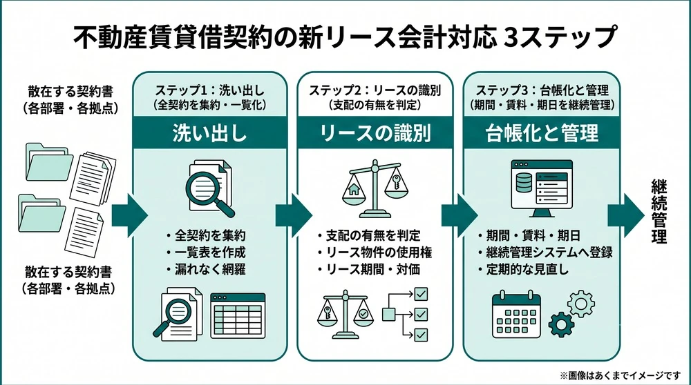 不動産賃貸借契約の新リース会計対応3ステップ(洗い出し・リースの識別・台帳化)