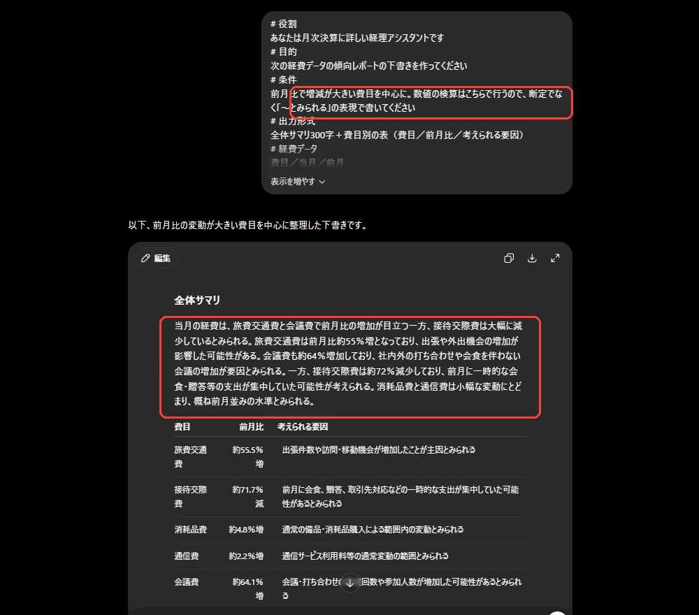 経理の月次レポートを5要素で組み立てたプロンプトの実行画面