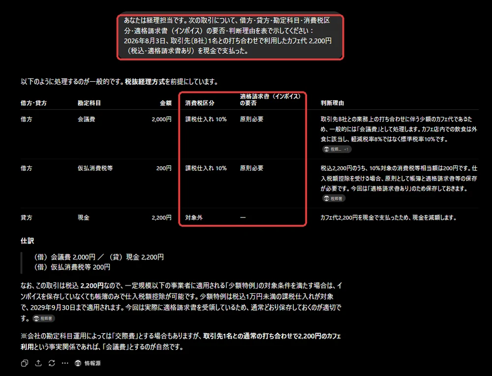 ChatGPTで仕訳を説明するプロンプトと表形式の回答例
