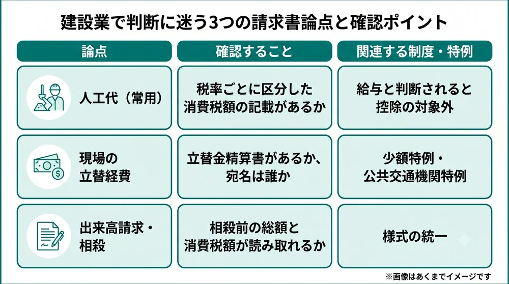 建設業でインボイスの判断に迷う3つの論点。人工代、現場の立替経費、出来高請求と相殺について、経理が確認すべきポイントを整理した表