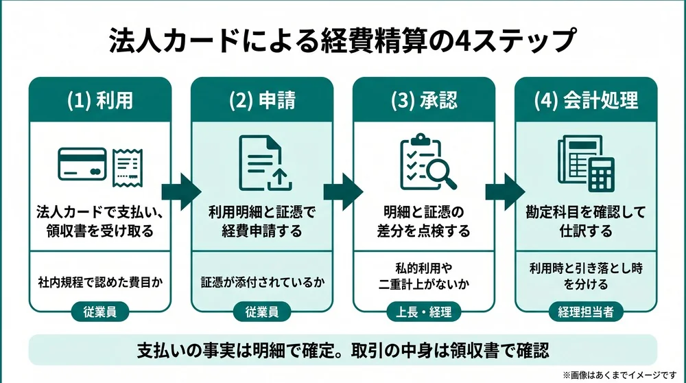 法人カードによる経費精算の流れを示した図。利用、申請、承認、会計処理の4ステップを横並びのフローで表し、各ステップの担当者と経理の確認ポイントを併記している