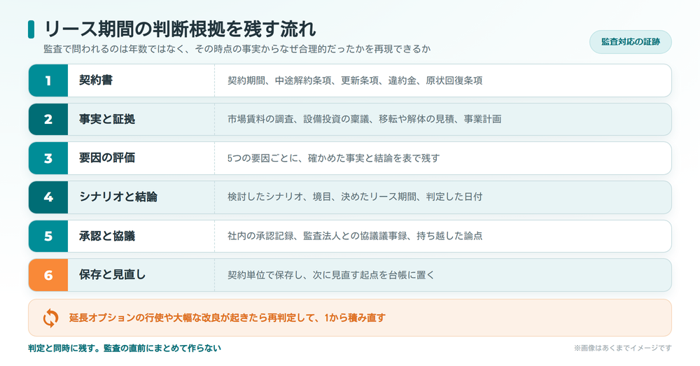 リース期間の判断根拠を契約書、事実と証拠、要因の評価、シナリオと結論、承認と協議、保存と見直しの6段で残し再判定へ循環させる流れを示す図