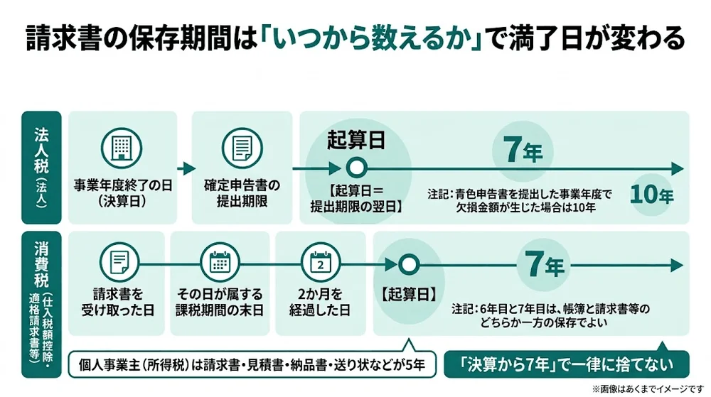 請求書の保存期間の起算日の違いを法人税と消費税で比較したタイムライン図