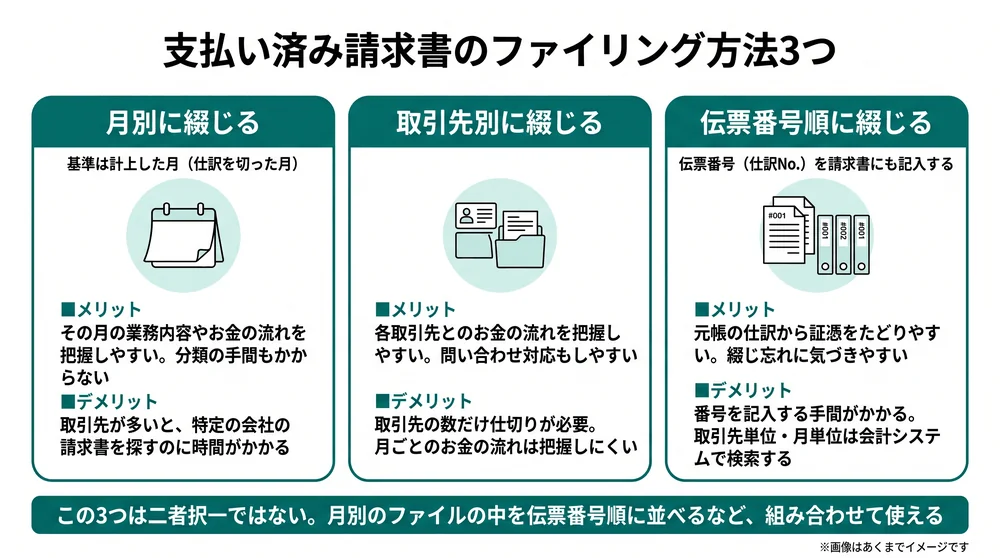 支払い済み請求書のファイリング方法3つ(月別・取引先別・伝票番号順)のメリットとデメリットを比較した図