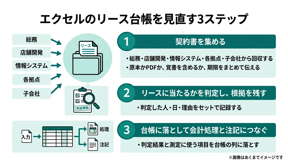 エクセルのリース台帳を見直す3ステップを示した図。契約書を集める、リース判定をして根拠を残す、台帳に落として会計処理につなぐ、の順に並んでいる